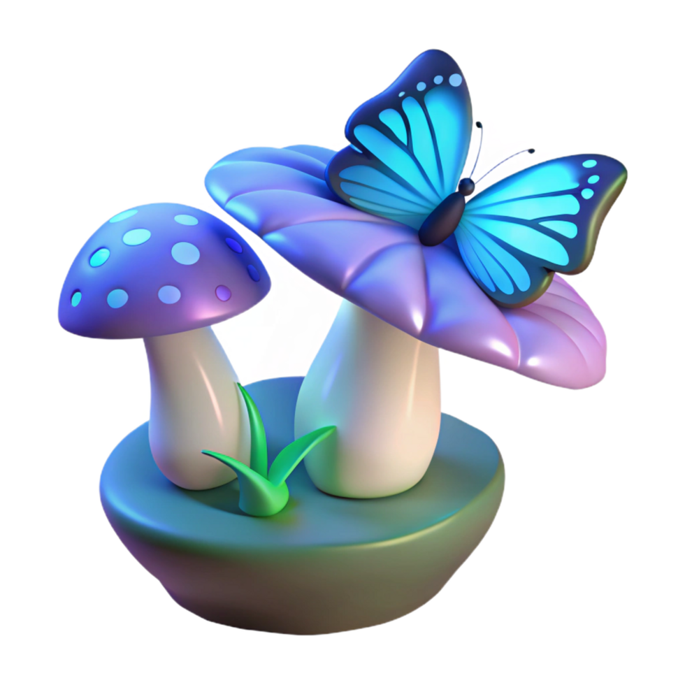3D Render of Fantasy Mushrooms and Butterfly png