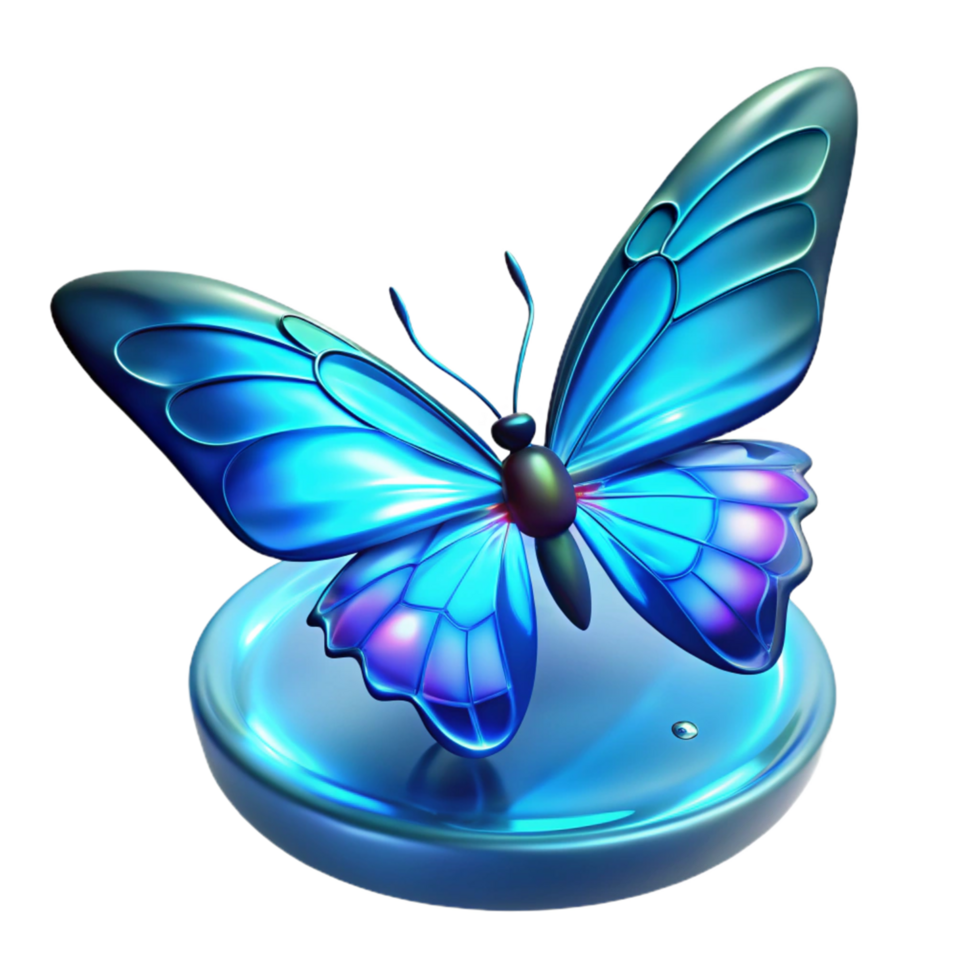 Blue Butterfly on Reflective Surface Digital Render png