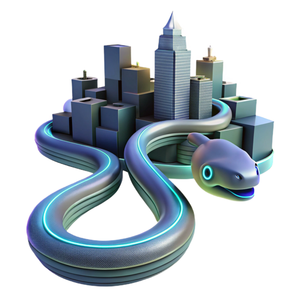 Cyberpunk Cityscape A Futuristic Metropolis Encircled by a Bio-Luminescent Serpent png