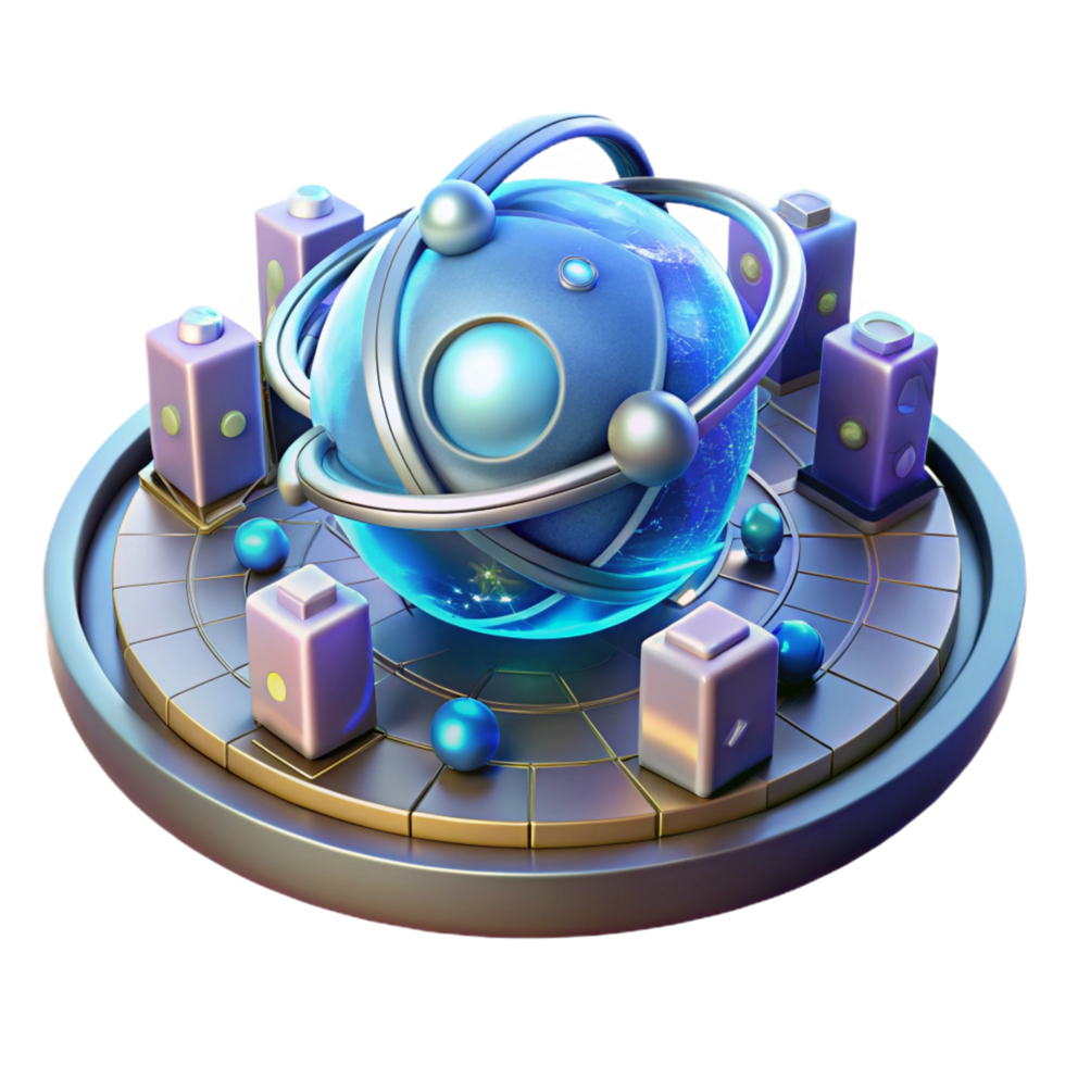 Futuristic 3D Render of a Glowing Orb with Satellites png