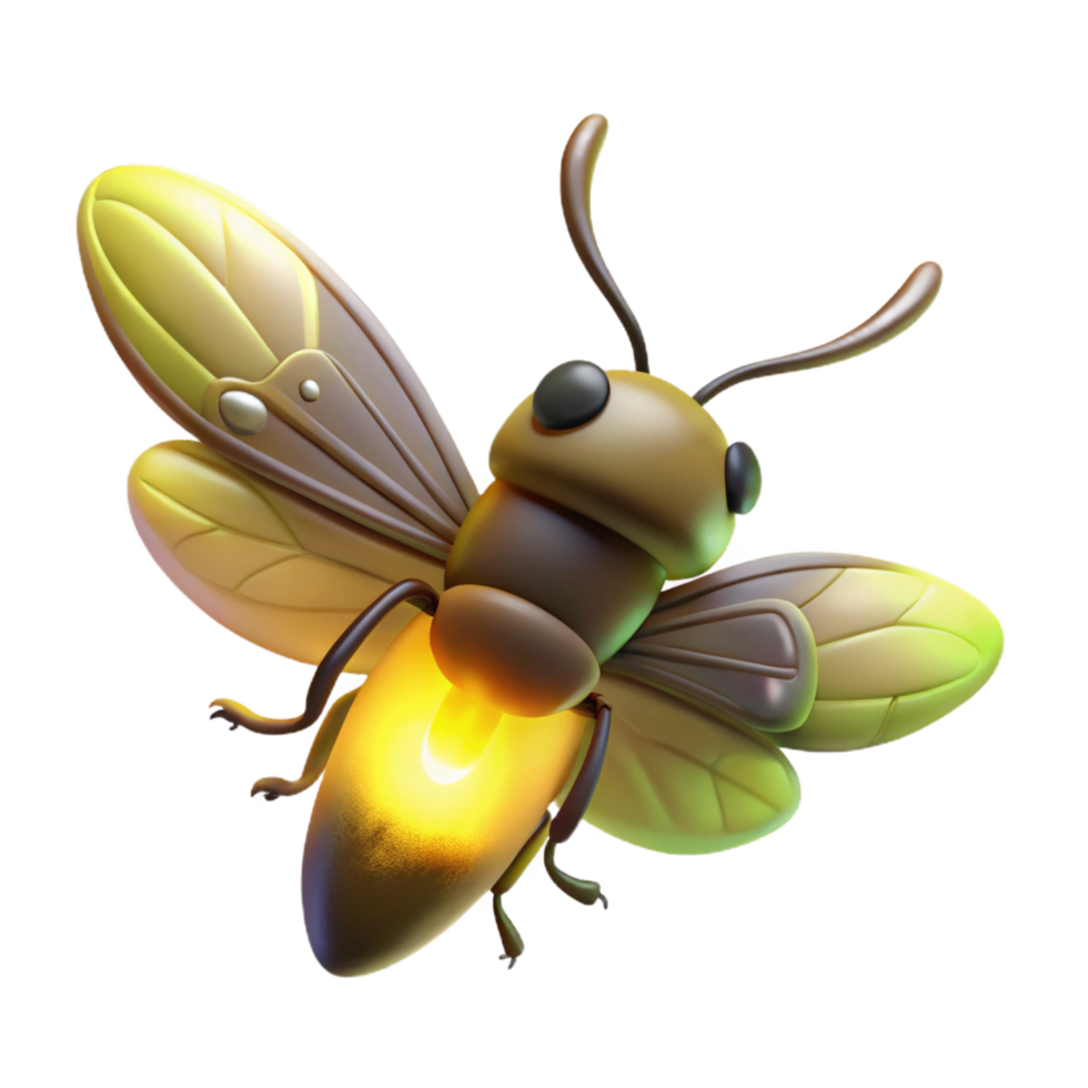 Glowing Insect, 3D Render of Firefly, Luminous Bug, Night Creature, Illuminated Wings, Summer Insect, Digital Art, Realistic Firefly, Nature Illustration, Cartoon Bug png