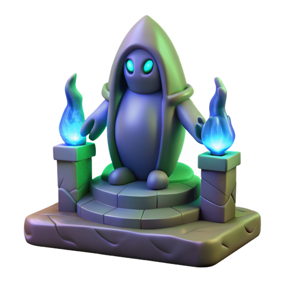 3D Render of a Mystical Hooded Figure on a Stone Pedestal with Flames png