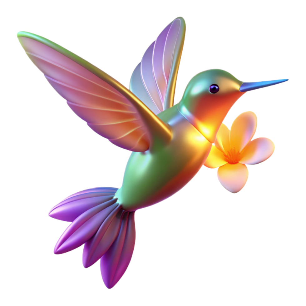 Iridescent Hummingbird with Tropical Flower 3D Render png