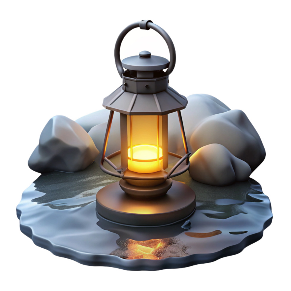 Illuminated Lantern on Rocks 3D Render of Glowing Light Source png