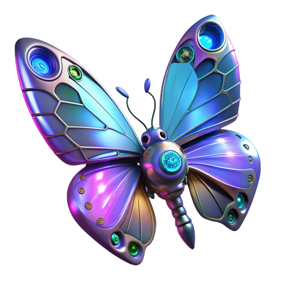 Cybernetic Butterfly A Futuristic Insect with Metallic Wings and Glowing Lights png
