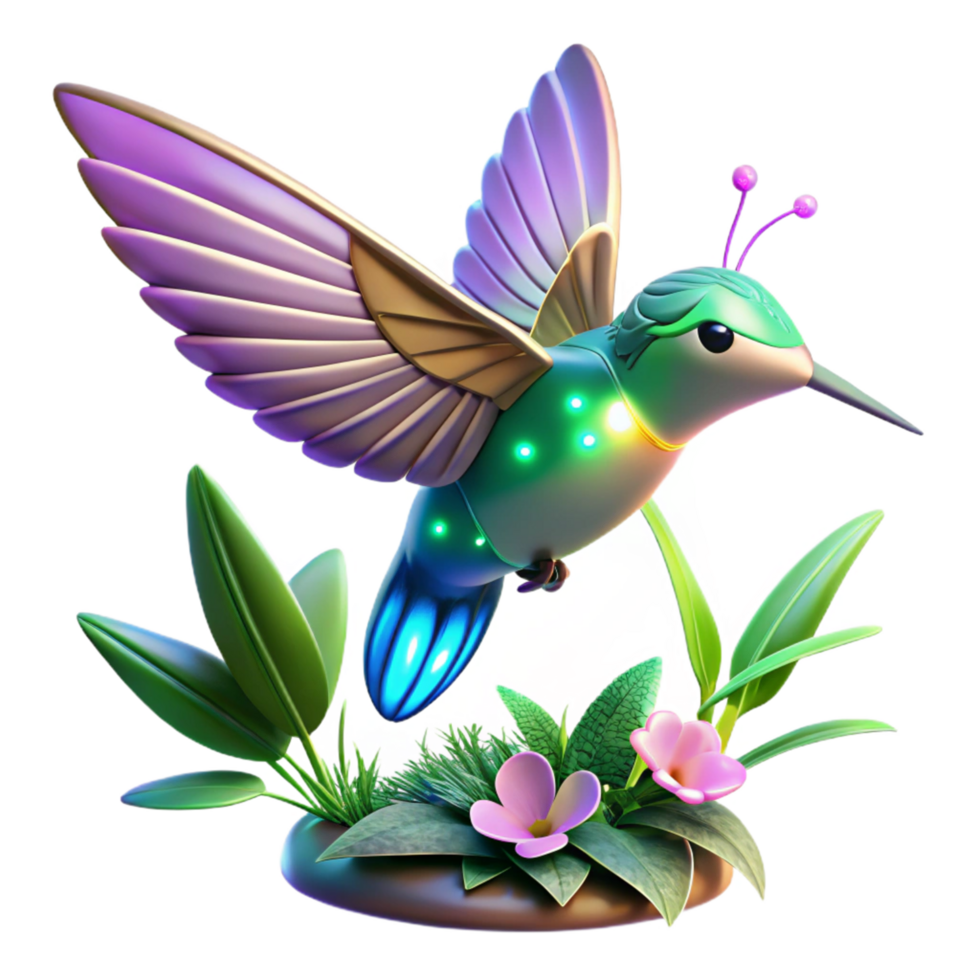 Luminous Hummingbird in Bloom Digital Render of Robotic Bird in Garden Setting png
