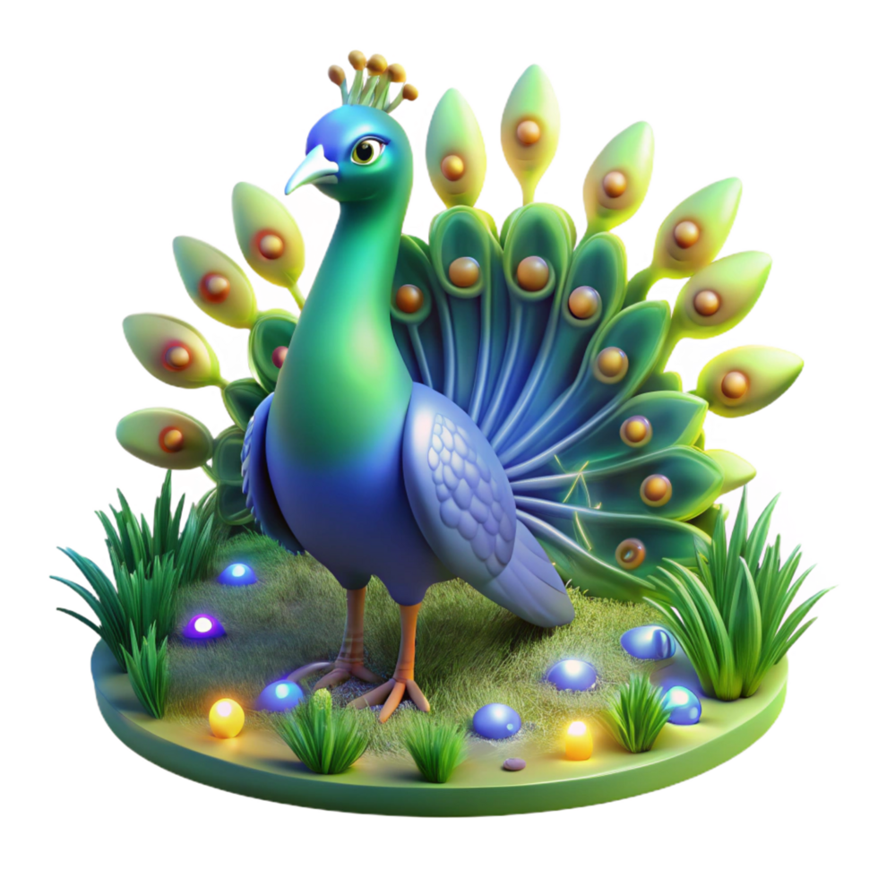 3D Render of a Cartoon Peacock in a Garden Setting png