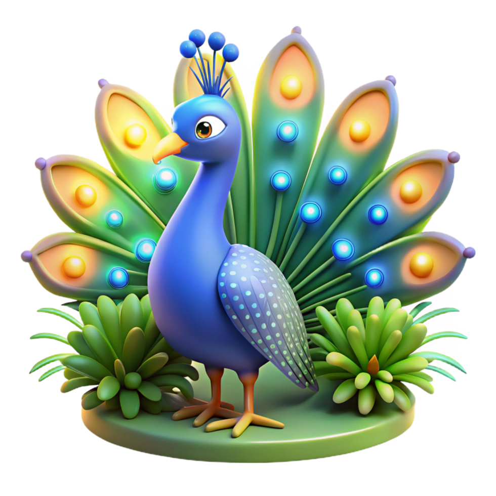 3D Cartoon Peacock with Illuminated Plumage png