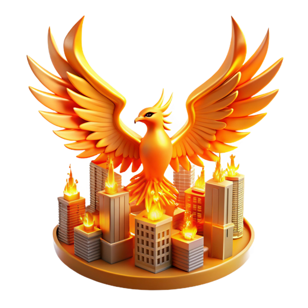 Golden Phoenix Ascending from Burning Cityscape png