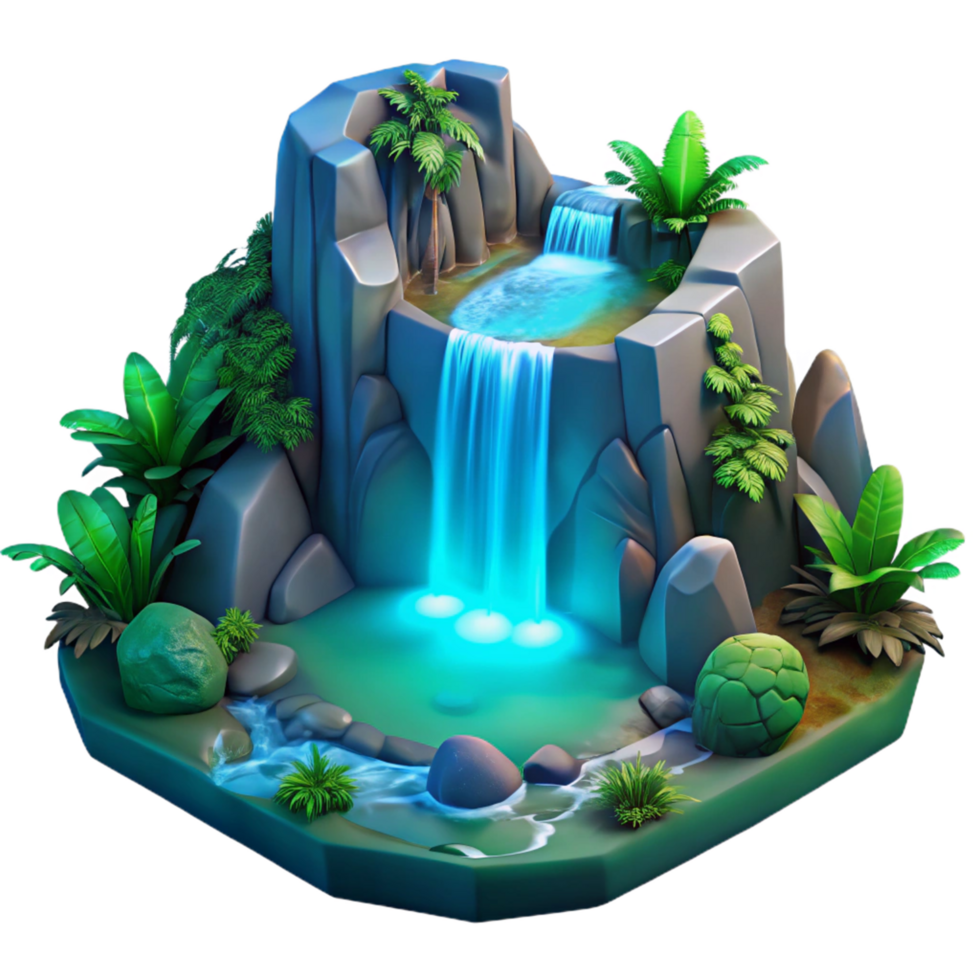 Luminous Waterfall in Tropical Paradise Digital Render of Island Oasis png