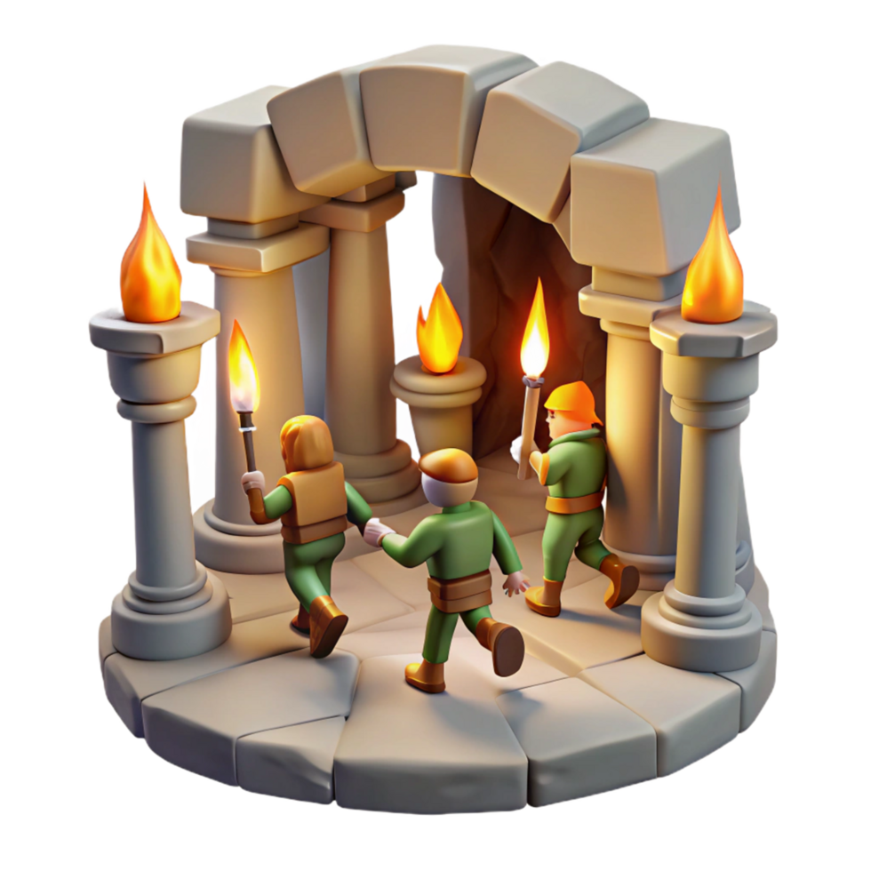 Digital Render of Adventurers Exploring Ancient Stone Archway png