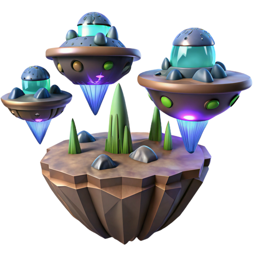 Floating Island with UFOs A 3D Render of Sci-Fi Landscape png