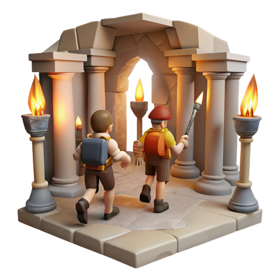 Adventurers Exploring Ancient Temple with Torches png