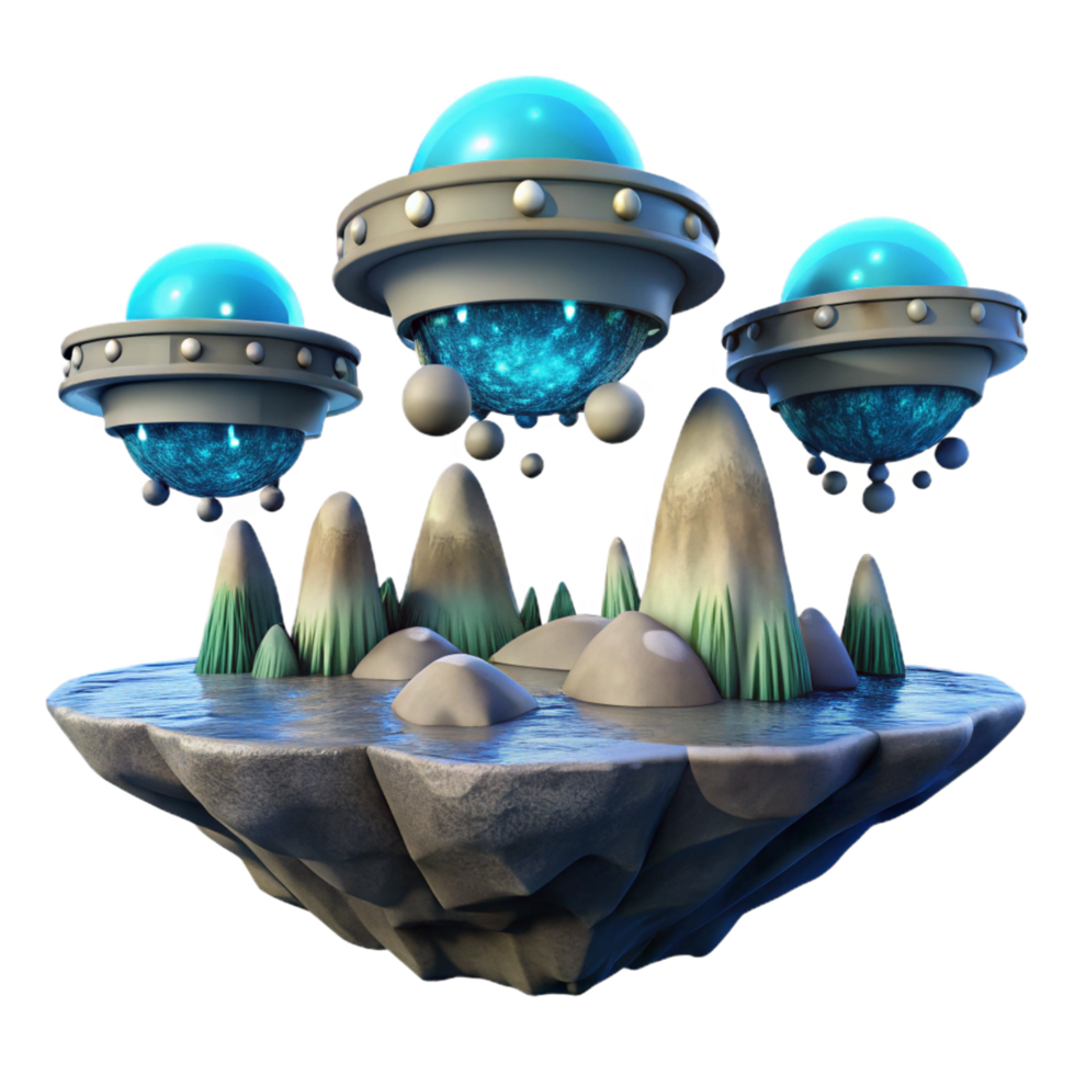 Floating Island with Three UFOs and Glowing Energy png