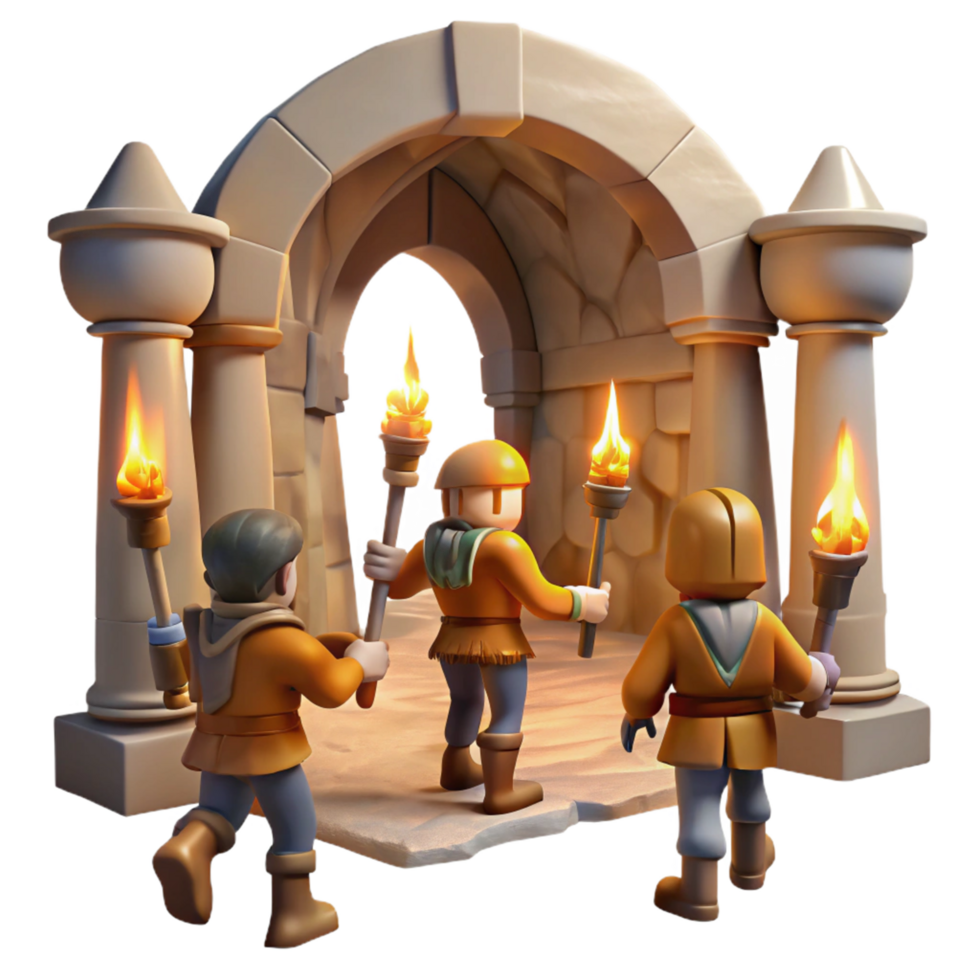 Digital Render of Adventurers Entering an Ancient Stone Archway png