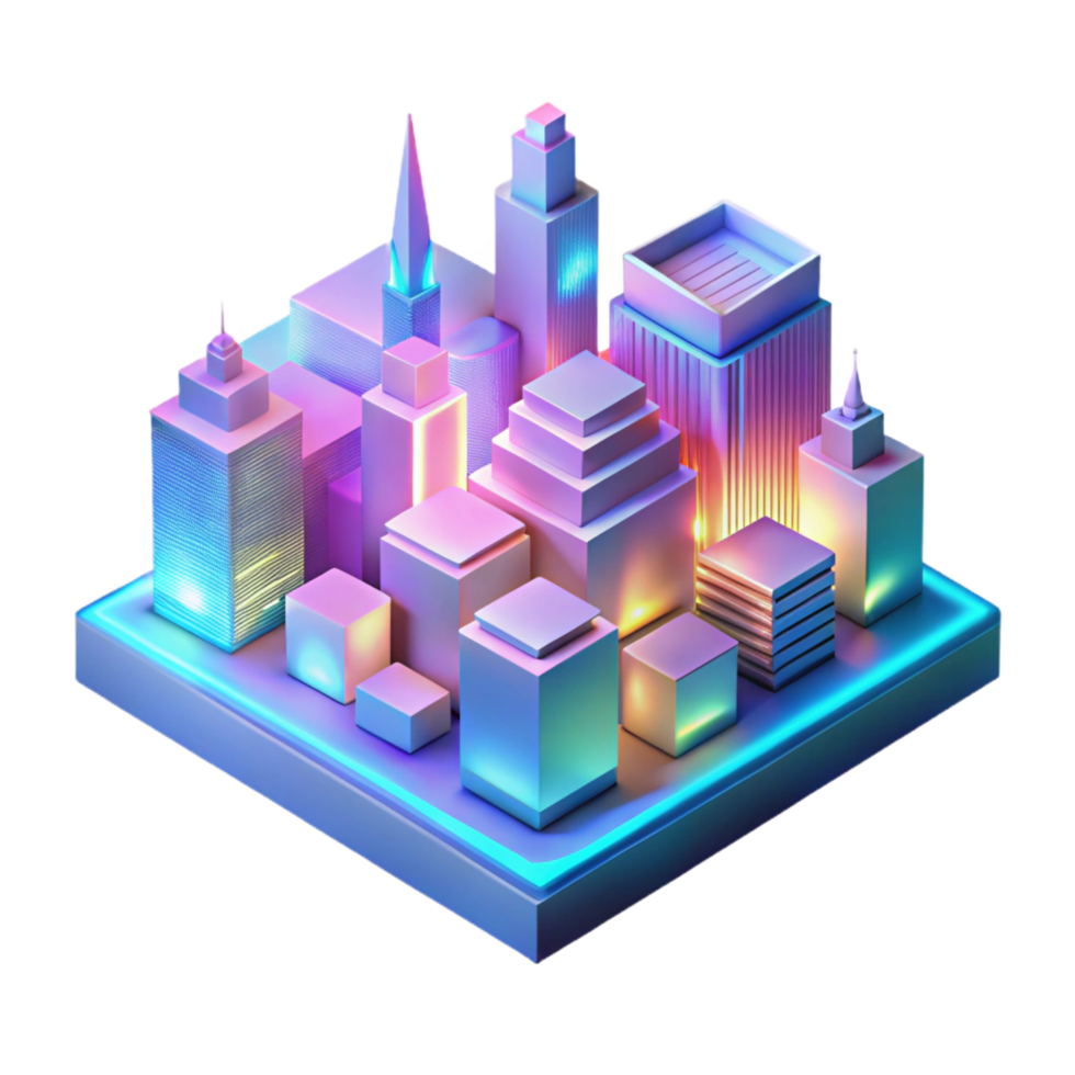 Neon Cityscape Isometric Digital Model of a Futuristic Urban Environment png