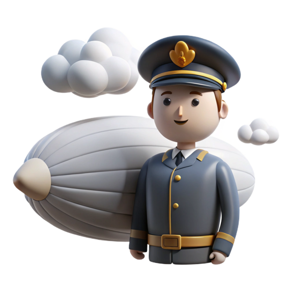 Airship Pilot 3D Render Clouds, Sky, Airship Captain, Vintage Aircraft, Flight, Transportation, Retro, Character Design, Illustration, Aviation png