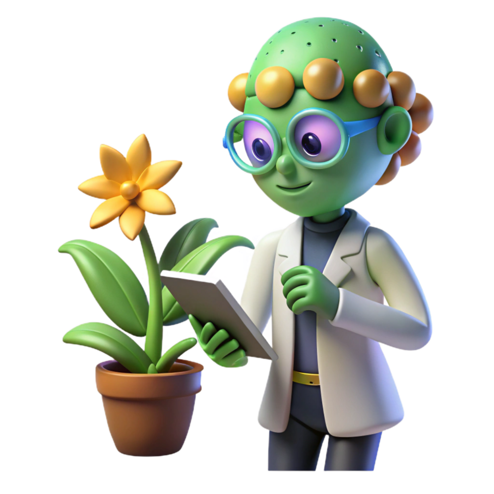 Alien Botanist Studying Plant Life with Tablet png
