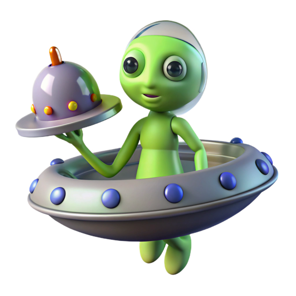 Adorable Alien in Flying Saucer with Dish png