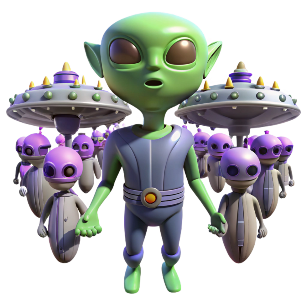 Alien Encounter A 3D Animation of Little Green Men and Flying Saucers png