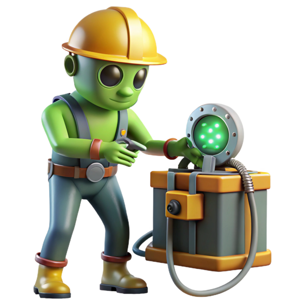 Alien Construction Worker and Futuristic Power Box png