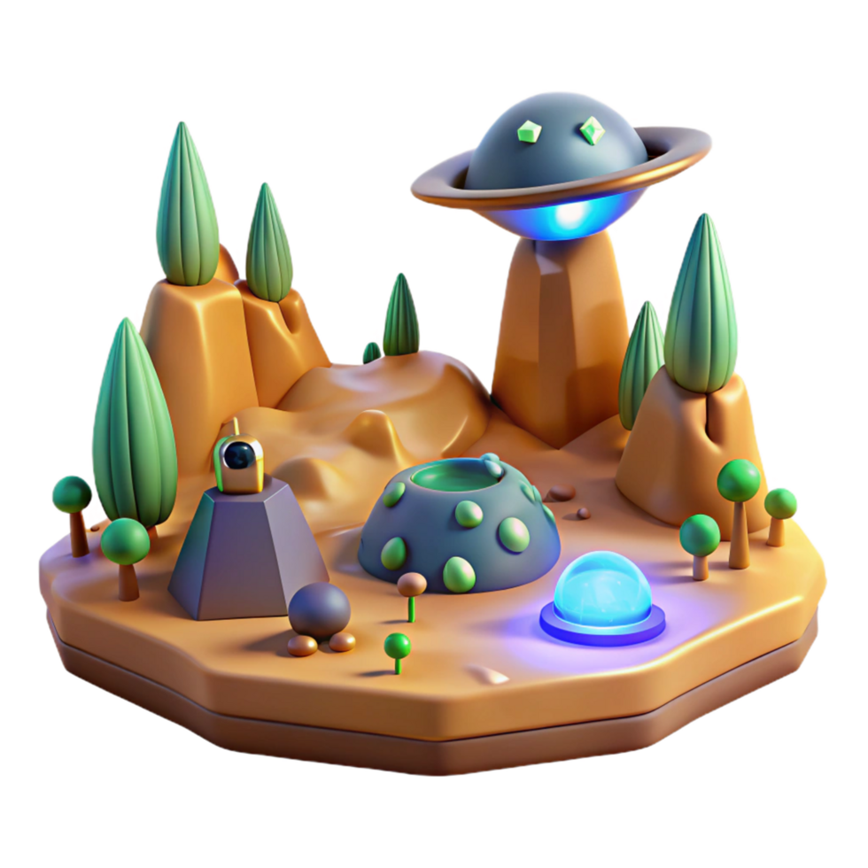 Alien Landscape 3D Render of UFO, Flora, and Mysterious Structures png