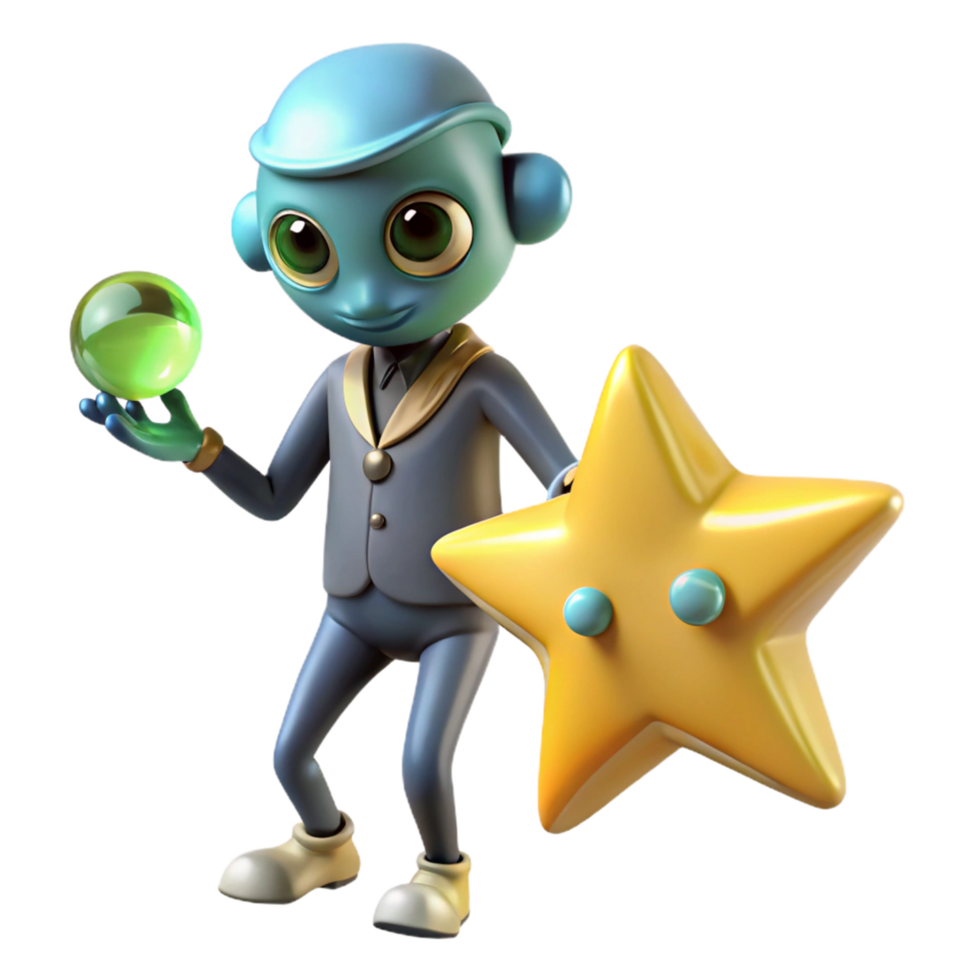 3D Render of a Cute Alien Holding a Star and Orb png
