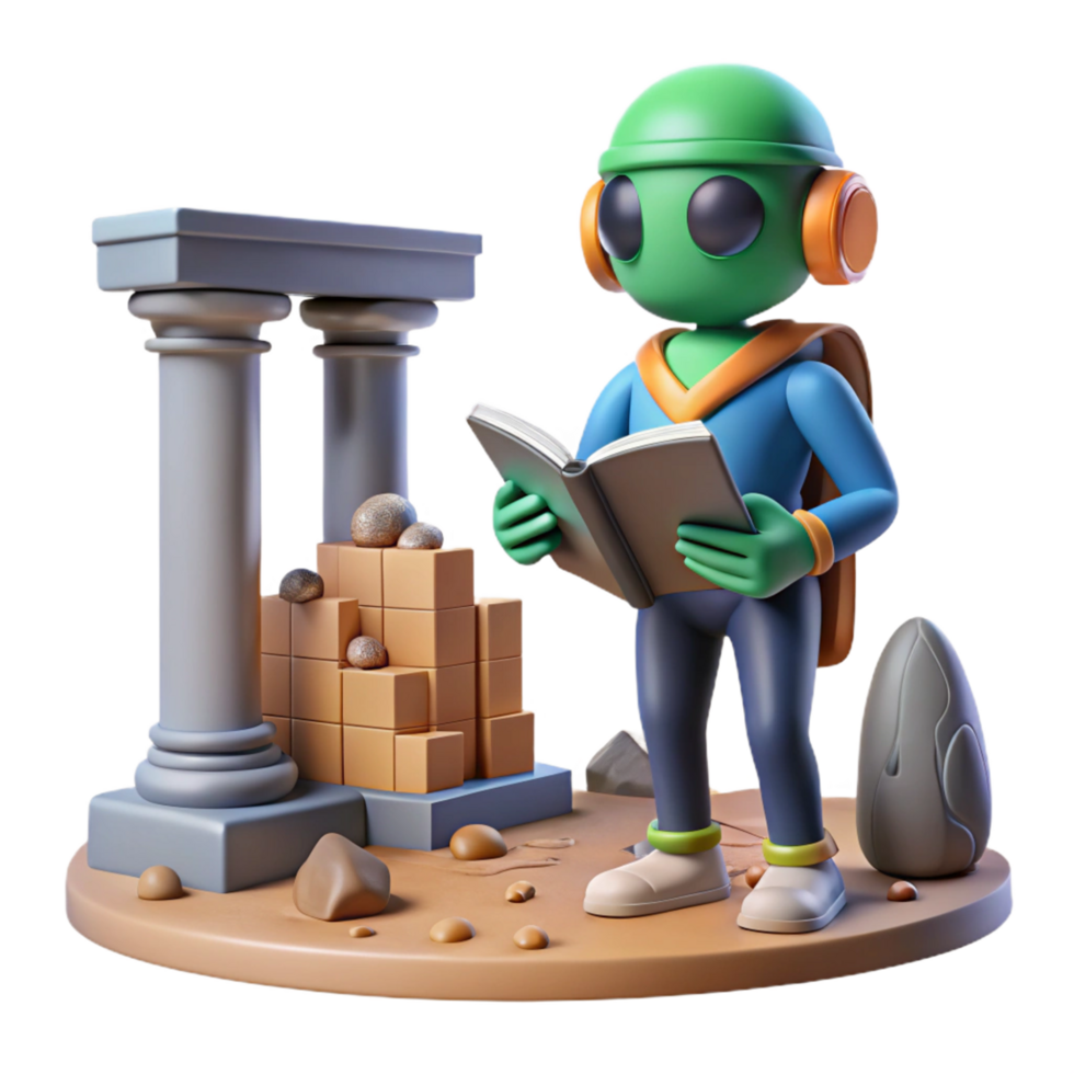3D Render of Alien Studying Ancient Ruins png