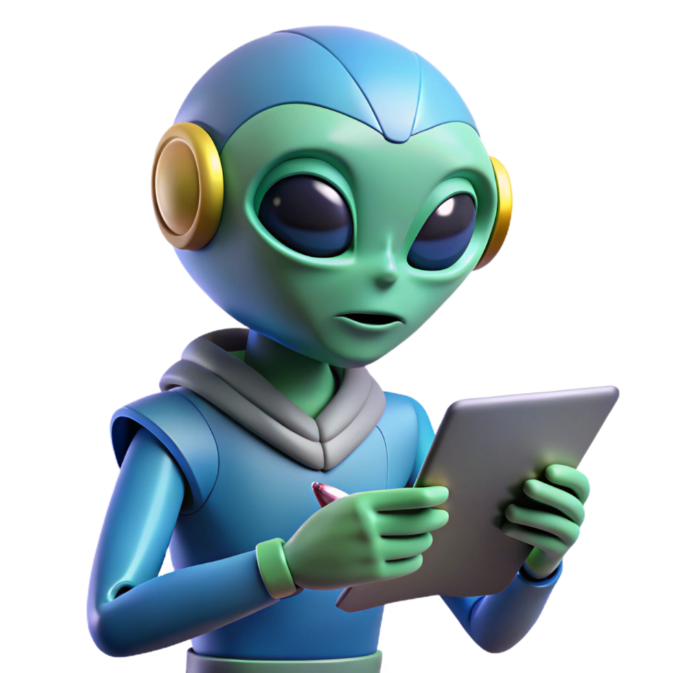 Alien using Tablet Computer Digital Technology in Space Exploration png