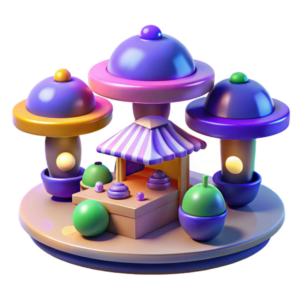 Whimsical 3D Render of a Colorful Market Stall Underneath Mushroom Lamps png