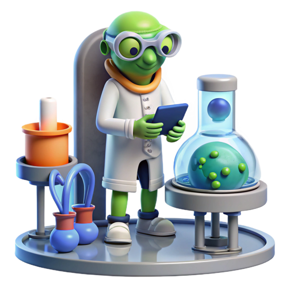 Alien Scientist Exploring Digital Tablet in Laboratory Setting png