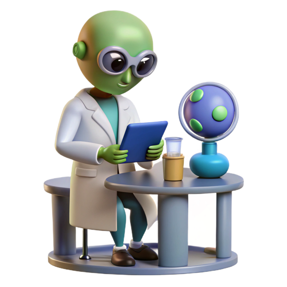 Alien Scientist Studying a Planetary Model on Tablet png