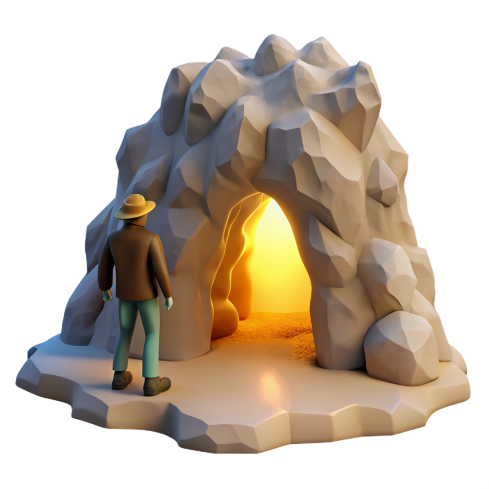3D Render of Person Exploring a Glowing Cave Entrance png