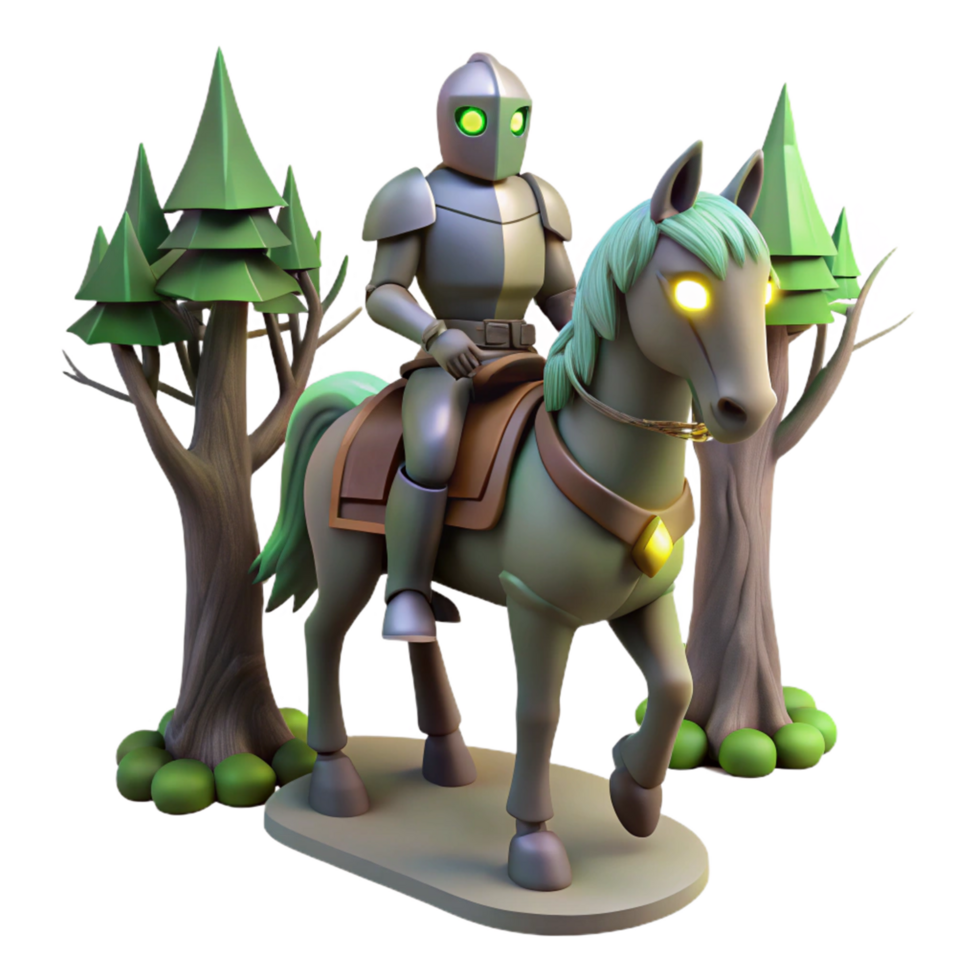 Stylized 3D Render of a Knight on Horseback in a Forest png