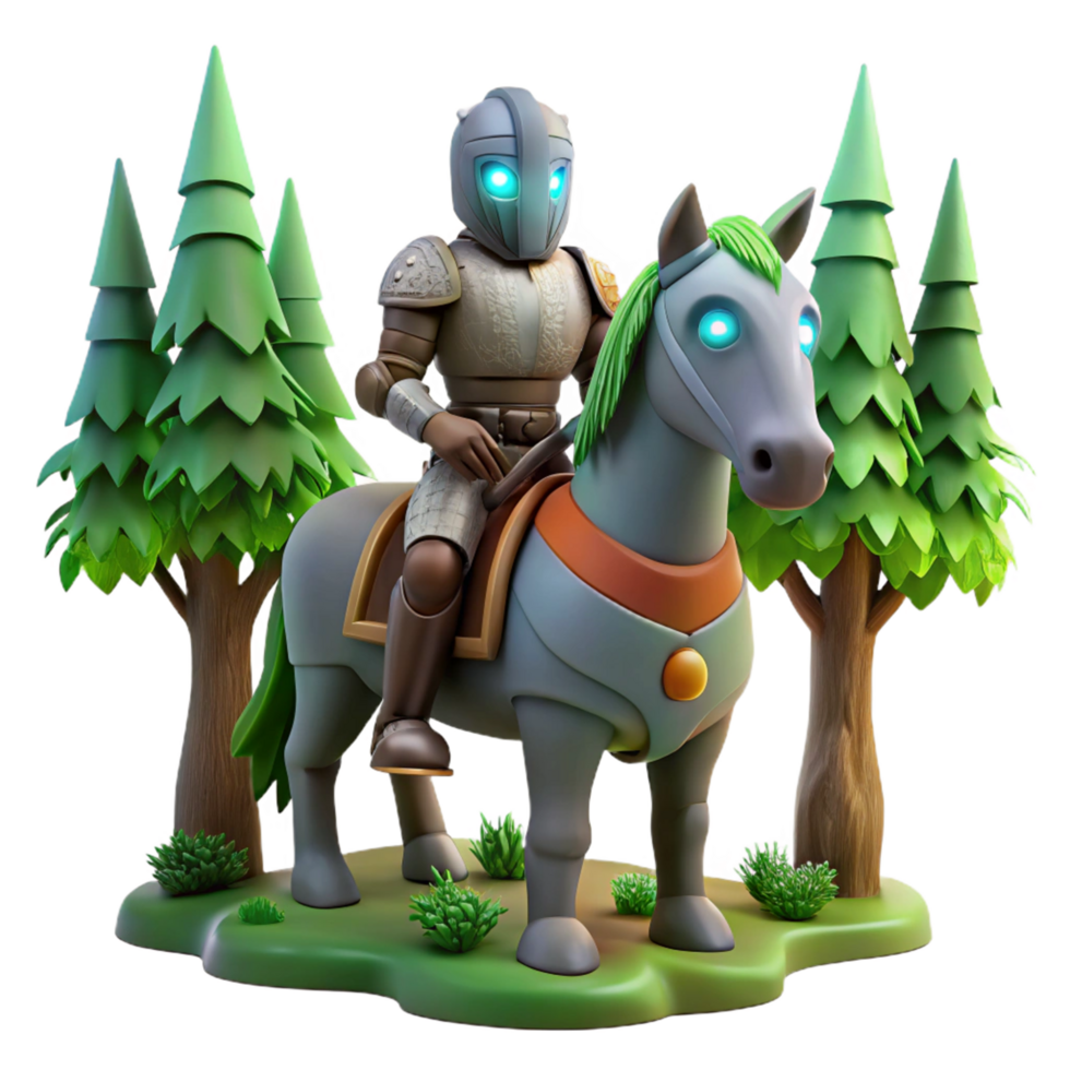 3D Render of a Robotic Knight on a Horse in a Forest png