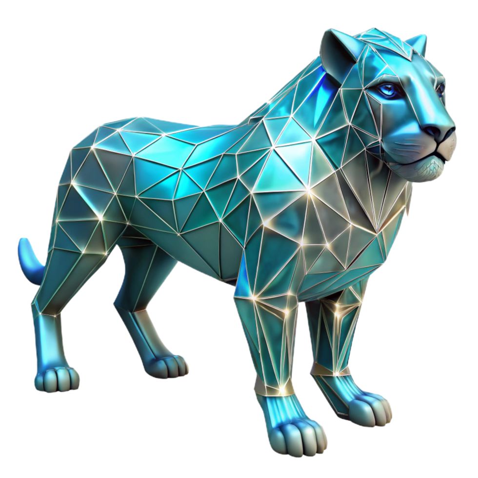Geometric Big Cat Low-Poly, Teal, Shiny, 3D Render png