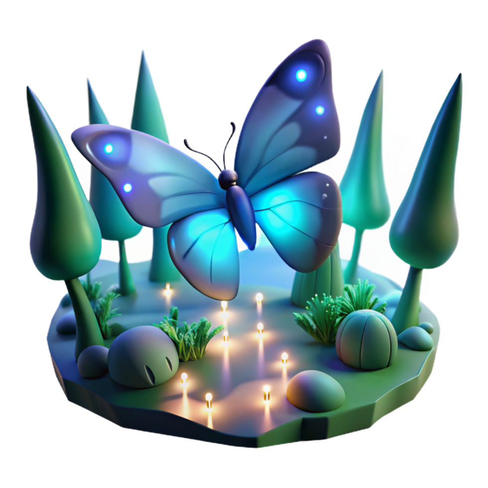 Glowing Butterfly in Enchanting Night Forest 3D Render png