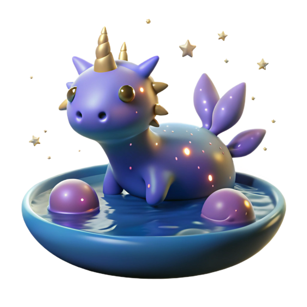 Cute 3D Render of a Unicorn in a Pool of Water with Stars png
