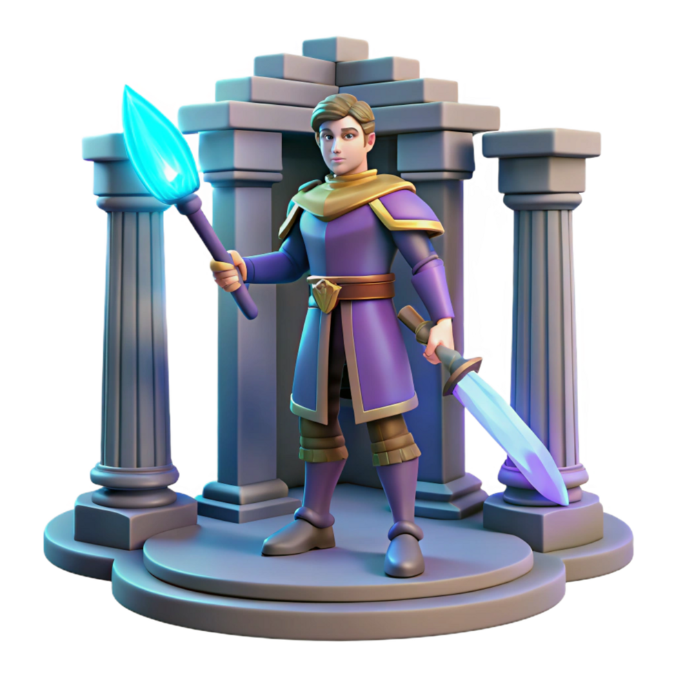 3D Render of a Fantasy Knight with Sword and Staff in Ancient Ruins png