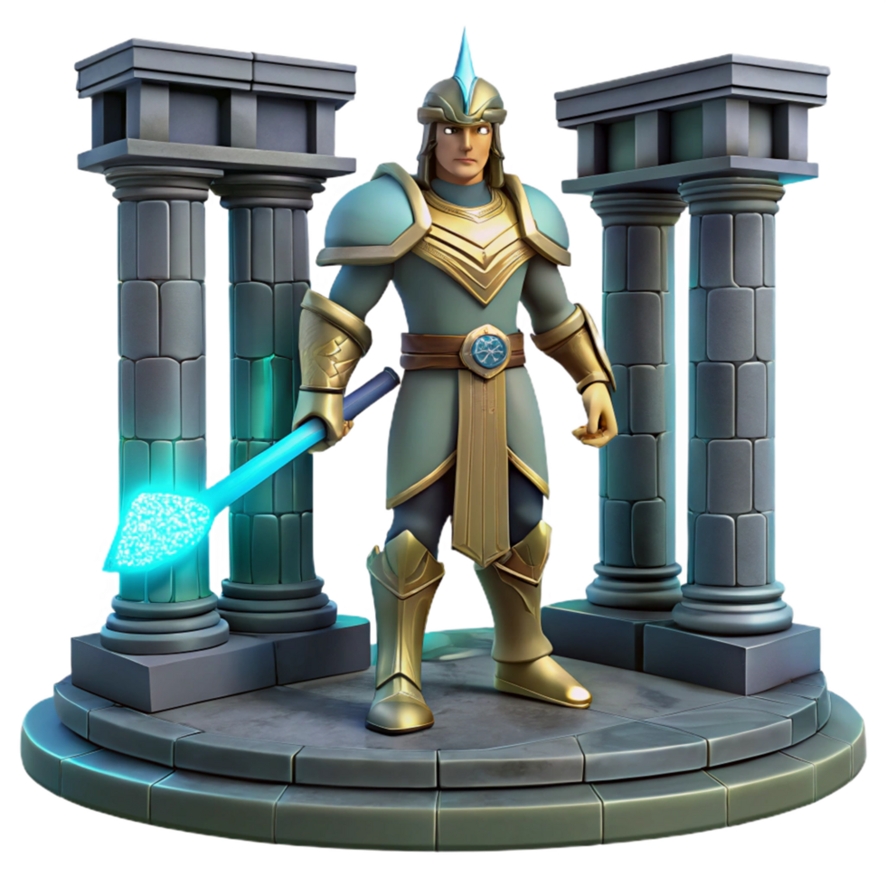 Fantasy Warrior with Glowing Staff, Standing on Ancient Pillars png