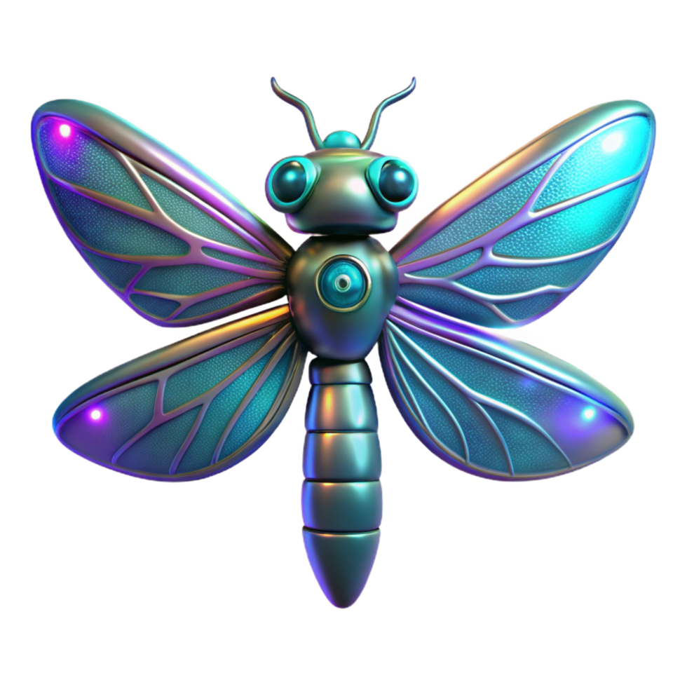 Luminous Insect Robot 3D Render of Futuristic Bio-Mechanical Dragonfly png
