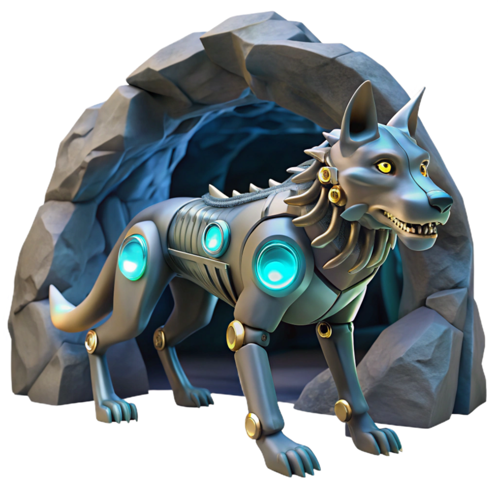 Cybernetic Wolf Emerging from Cave Futuristic Animal Robot Design png