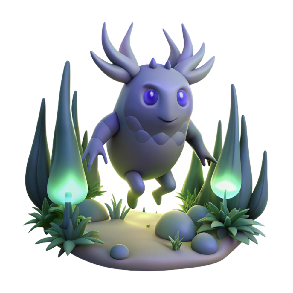 3D Render of Cute Fantasy Creature in Glowing Mushroom Forest png