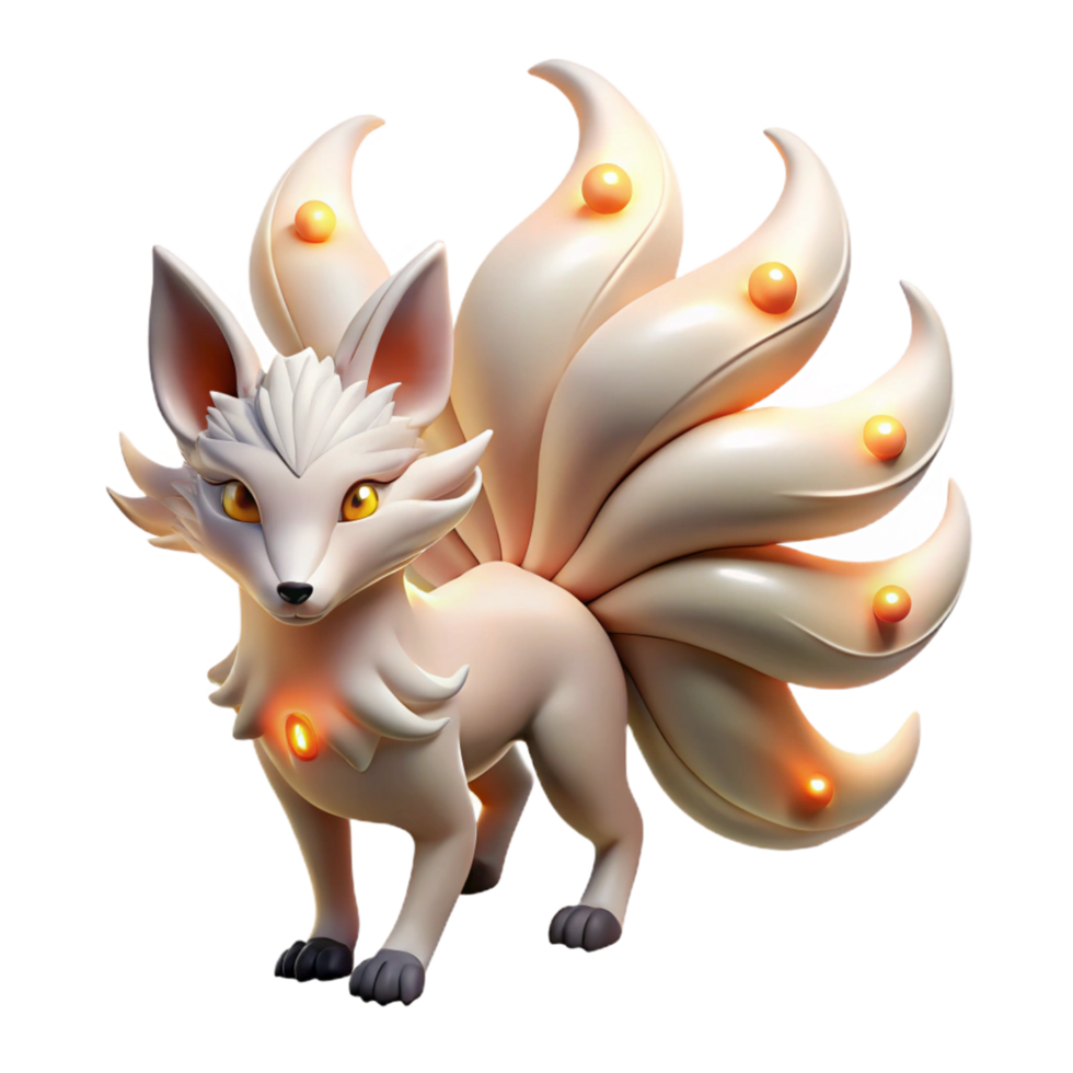 Nine Tailed Fox Digital Render of Mythical Creature with Glowing Orb Tails png