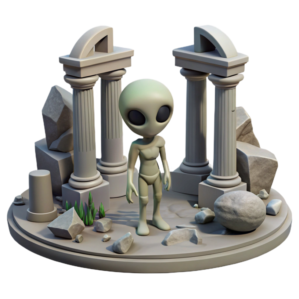 Alien in Ancient Ruins 3D Render of Extraterrestrial Figure Amidst Classical Architecture and Stone Debris png