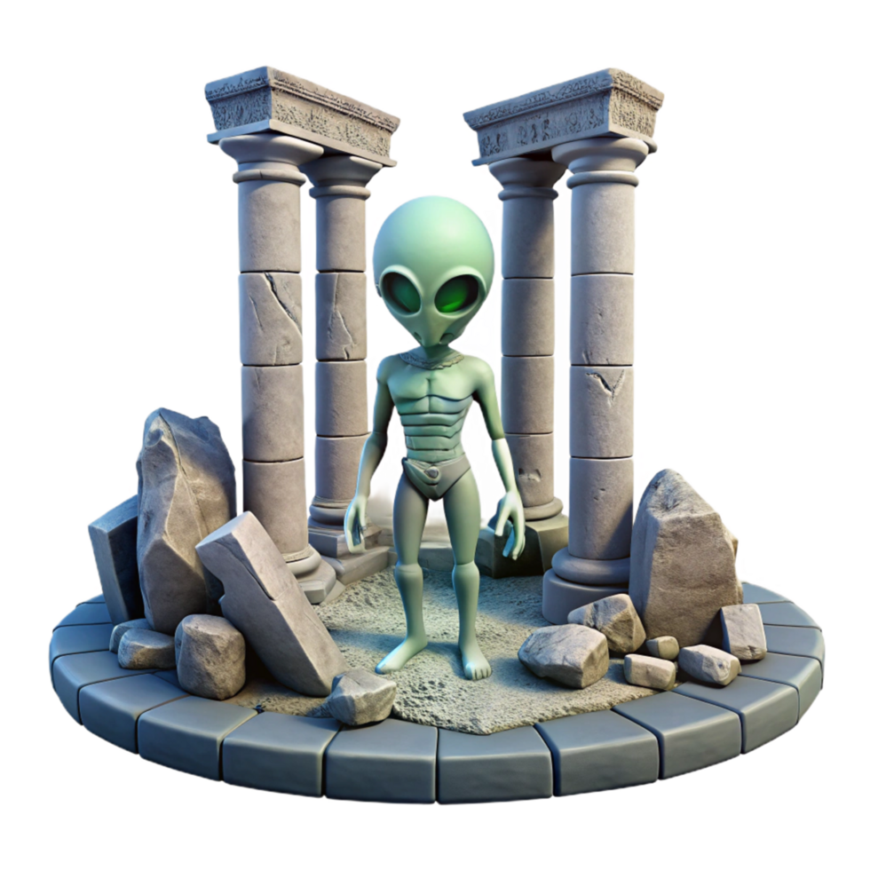 Alien in Ancient Ruins 3D Render of Extraterrestrial Figure Amidst Stone Columns and Debris png