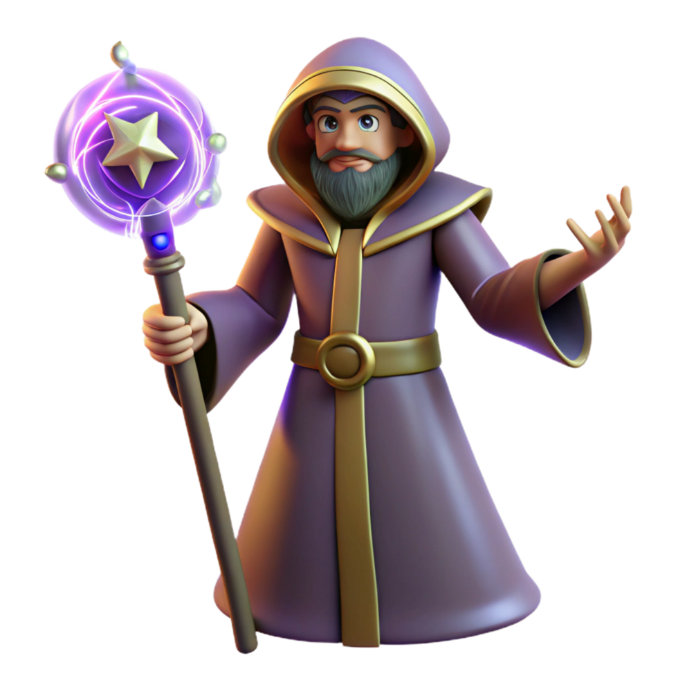 3D Render of a Wizard with Staff and Magic png