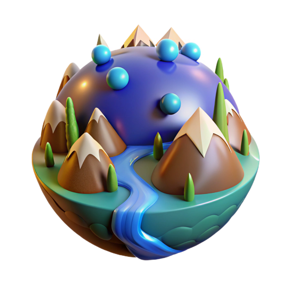 Stylized 3D Render of a Miniature Planet with Mountains, River, and Floating Spheres png