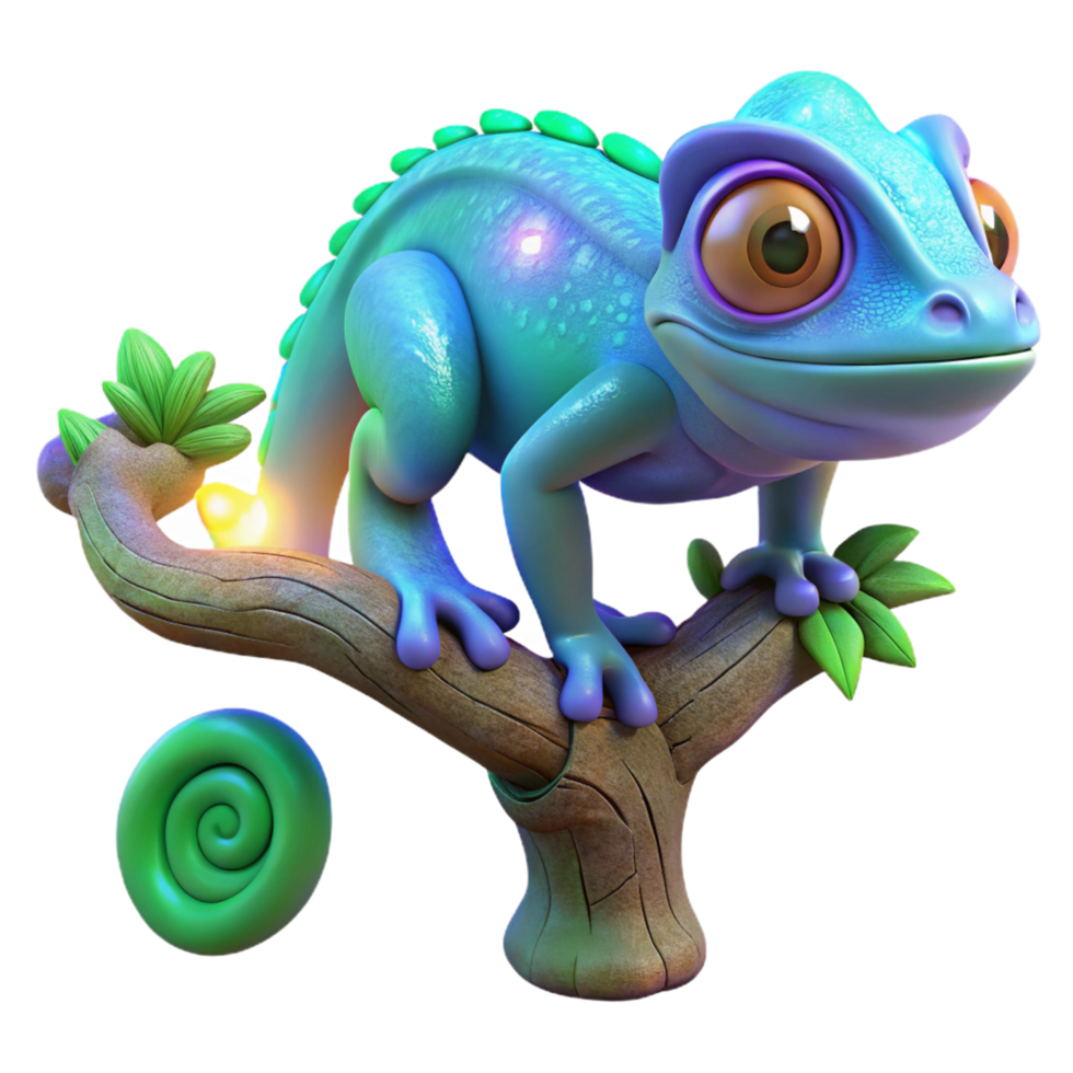 3D Render of a Cute Chameleon on a Branch png