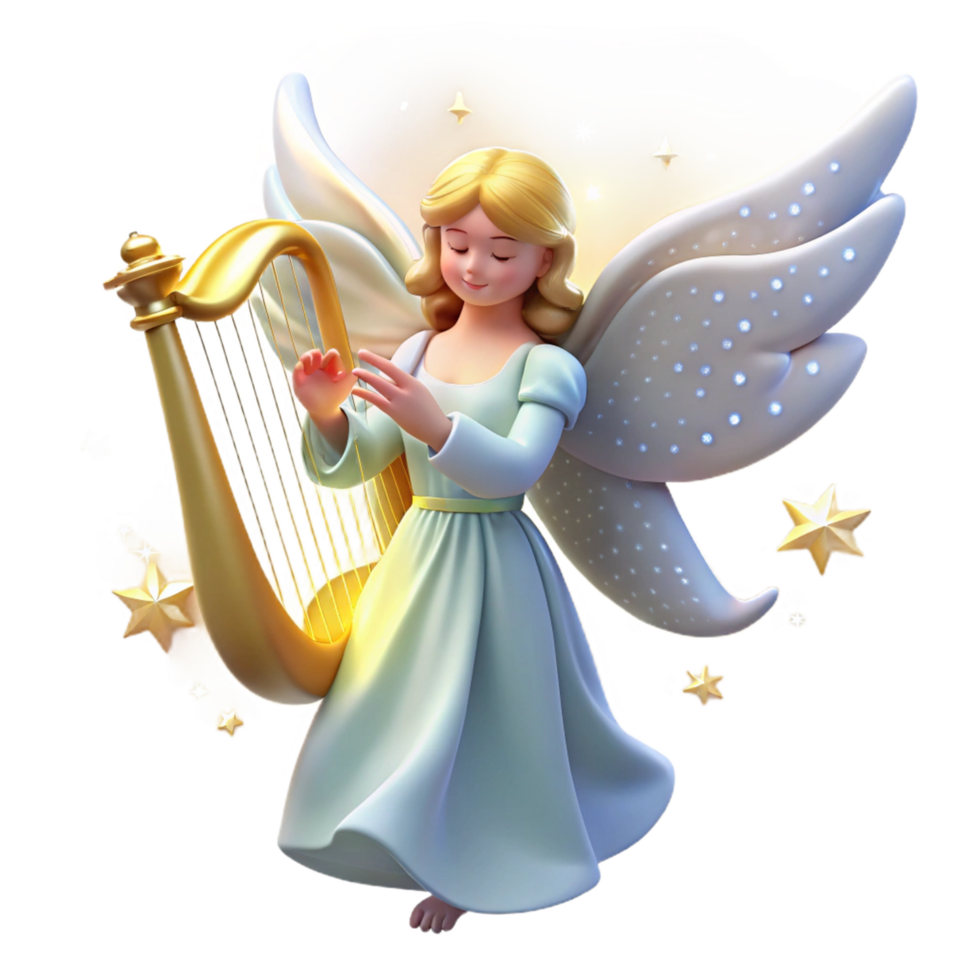 Angelic Harp Player with Wings and Stars png